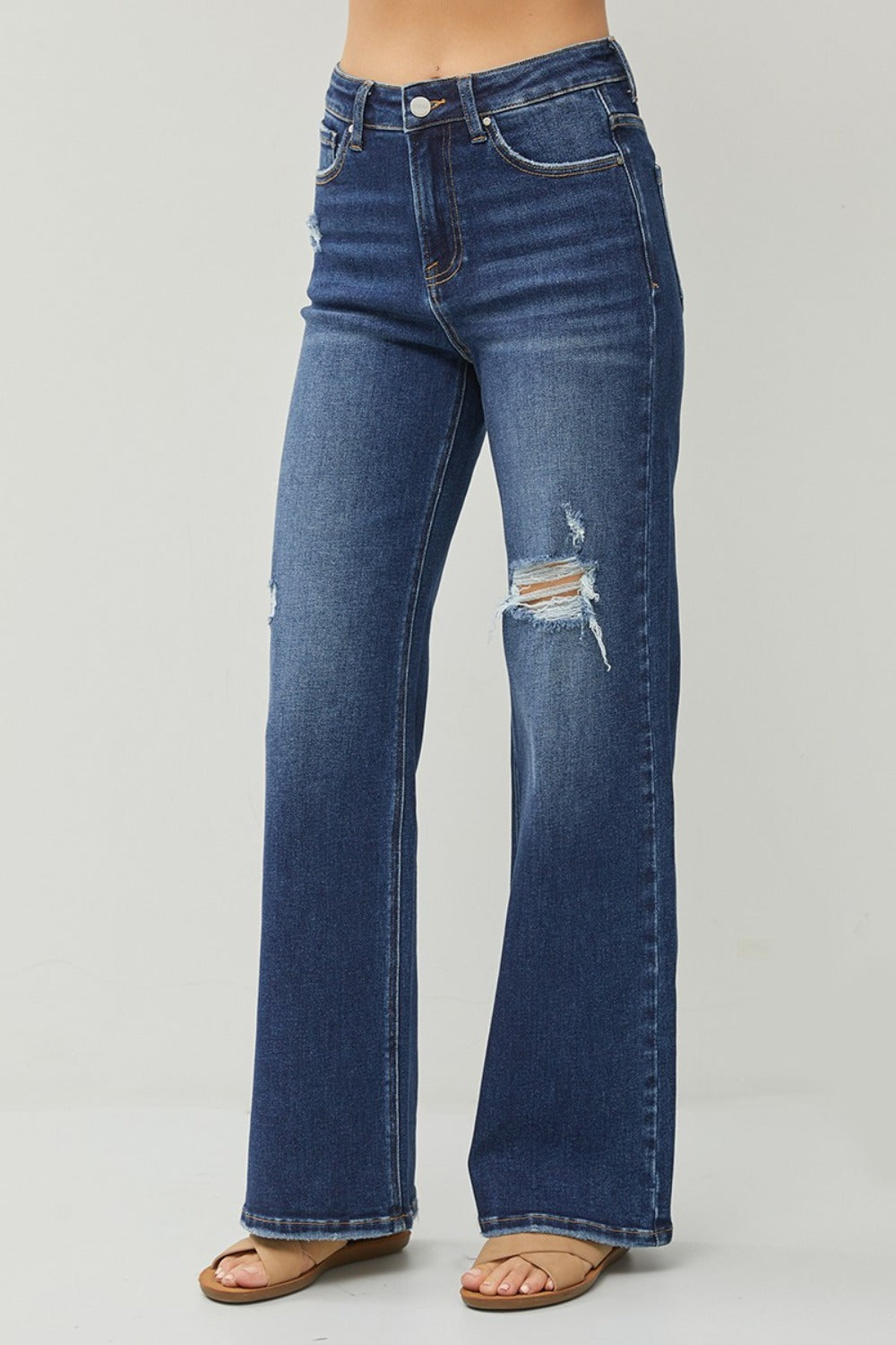 RISEN - Dark Wash Distressed Wide Leg Jeans - Inspired Eye Boutique