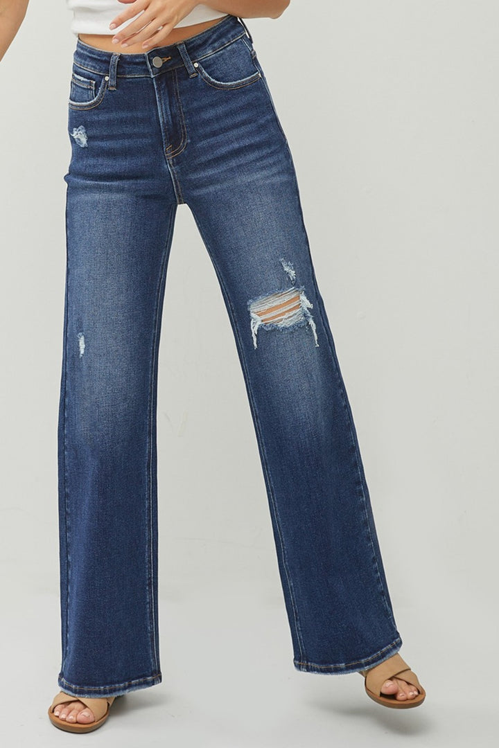 RISEN - Dark Wash Distressed Wide Leg Jeans - Inspired Eye Boutique