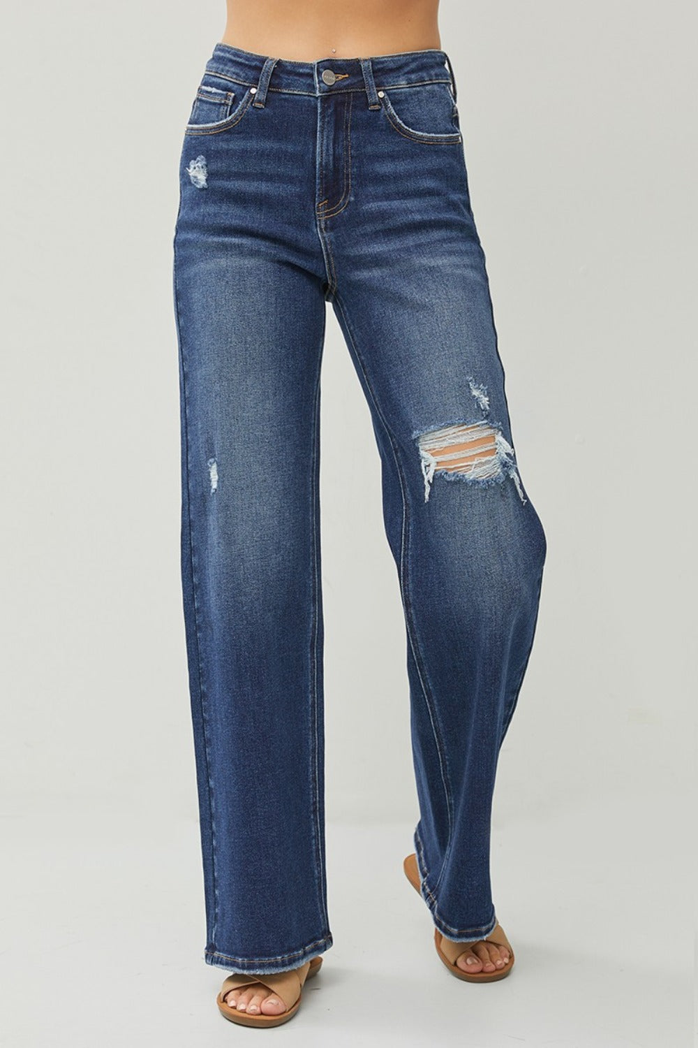 RISEN - Dark Wash Distressed Wide Leg Jeans - Inspired Eye Boutique