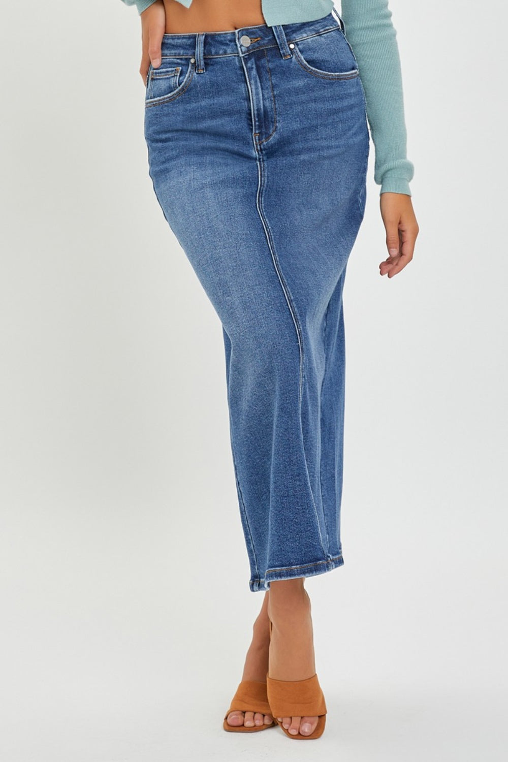 RISEN Denim Maxi Skirt With Slit - Inspired Eye Boutique