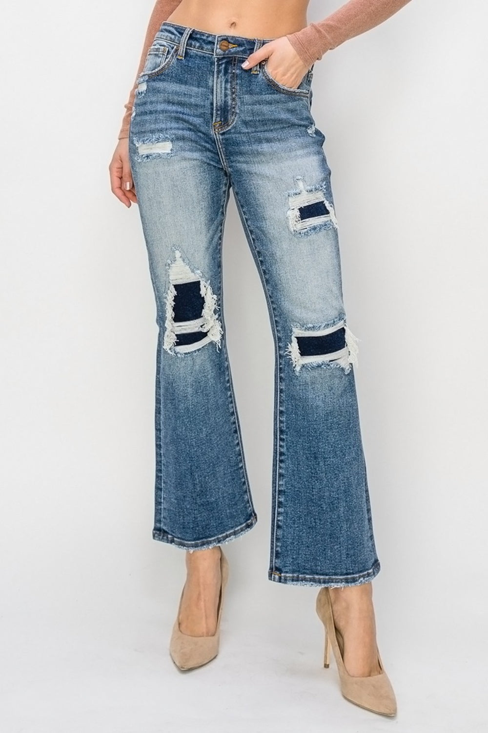 RISEN - Distressed Ankle Flare Jeans