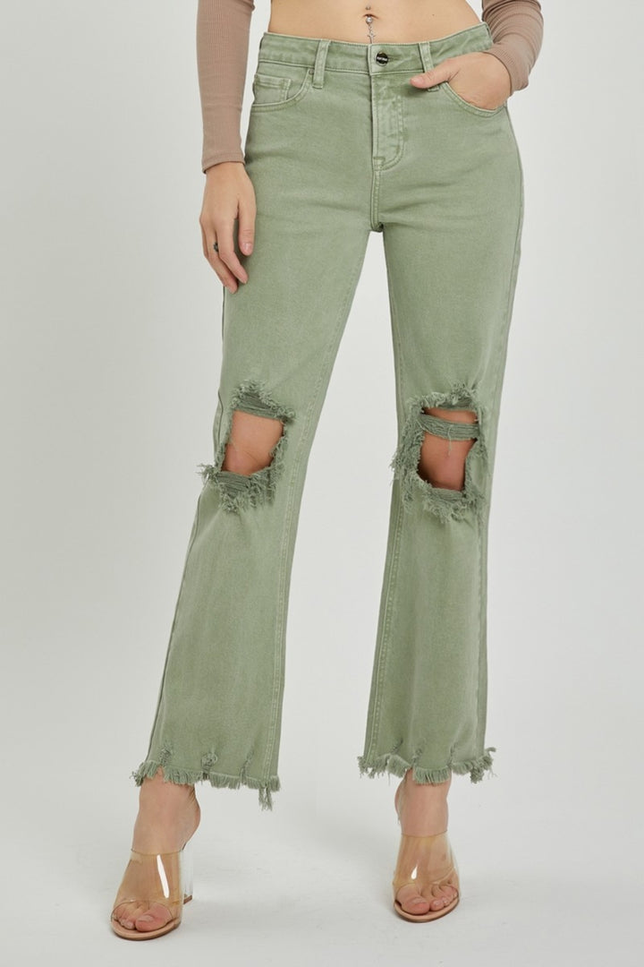 RISEN Distressed Straight Leg Green Jeans - Inspired Eye Boutique