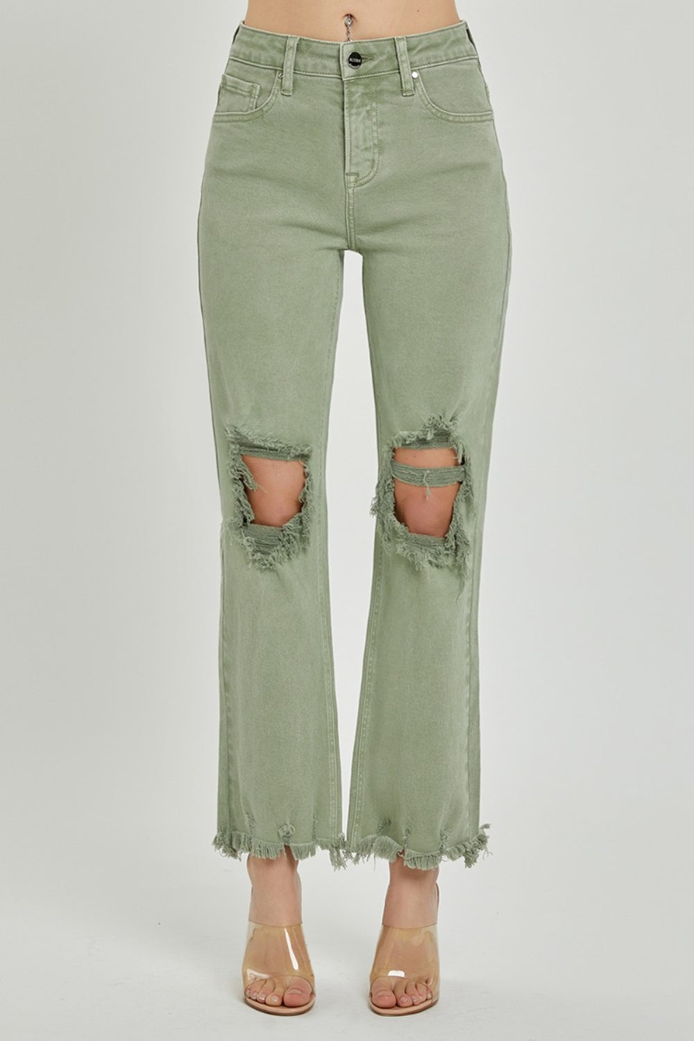 RISEN Distressed Straight Leg Green Jeans - Inspired Eye Boutique