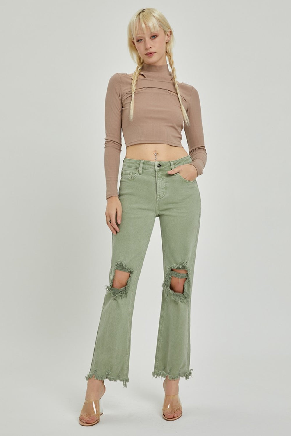 RISEN Distressed Straight Leg Green Jeans - Inspired Eye Boutique