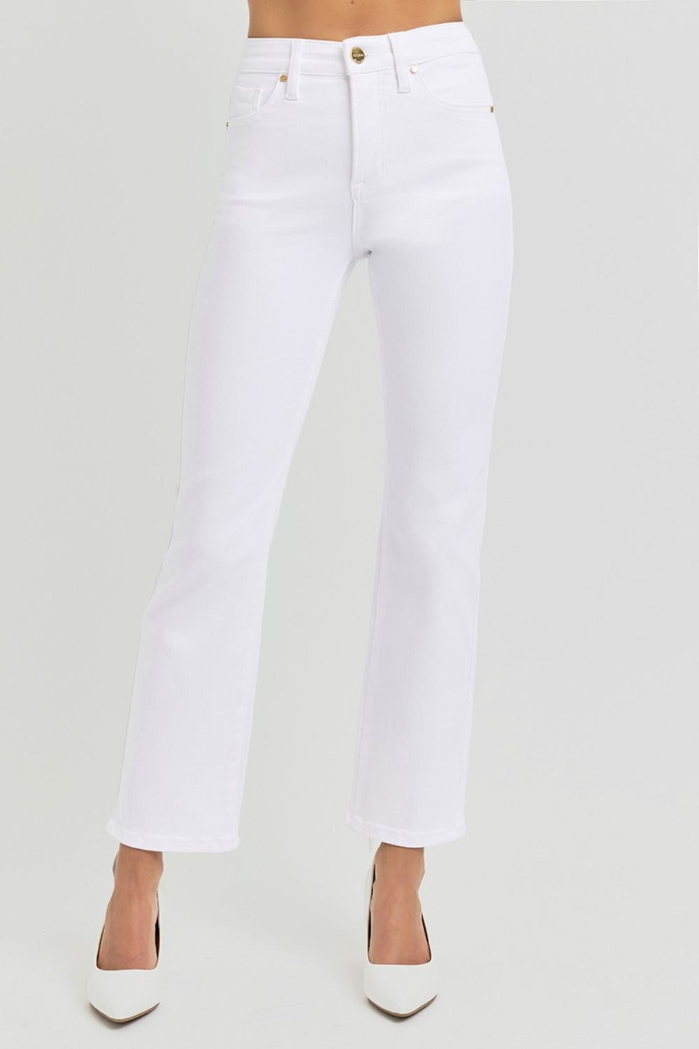 RISEN - Elastic Waist White Straight Leg Jeans - Inspired Eye Boutique