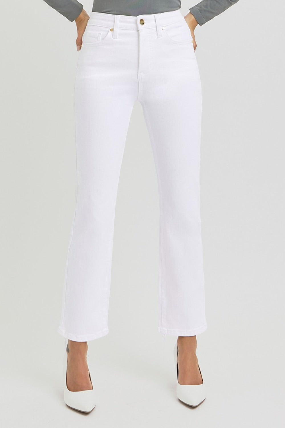 RISEN - Elastic Waist White Straight Leg Jeans - Inspired Eye Boutique