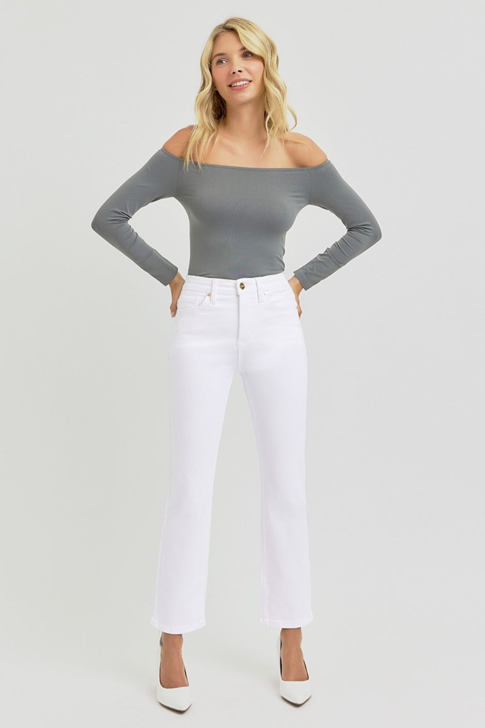 RISEN - Elastic Waist White Straight Leg Jeans - Inspired Eye Boutique