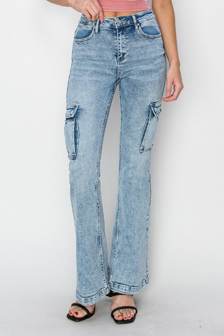 RISEN - Flare Acid Wash Cargo Jeans - Inspired Eye Boutique