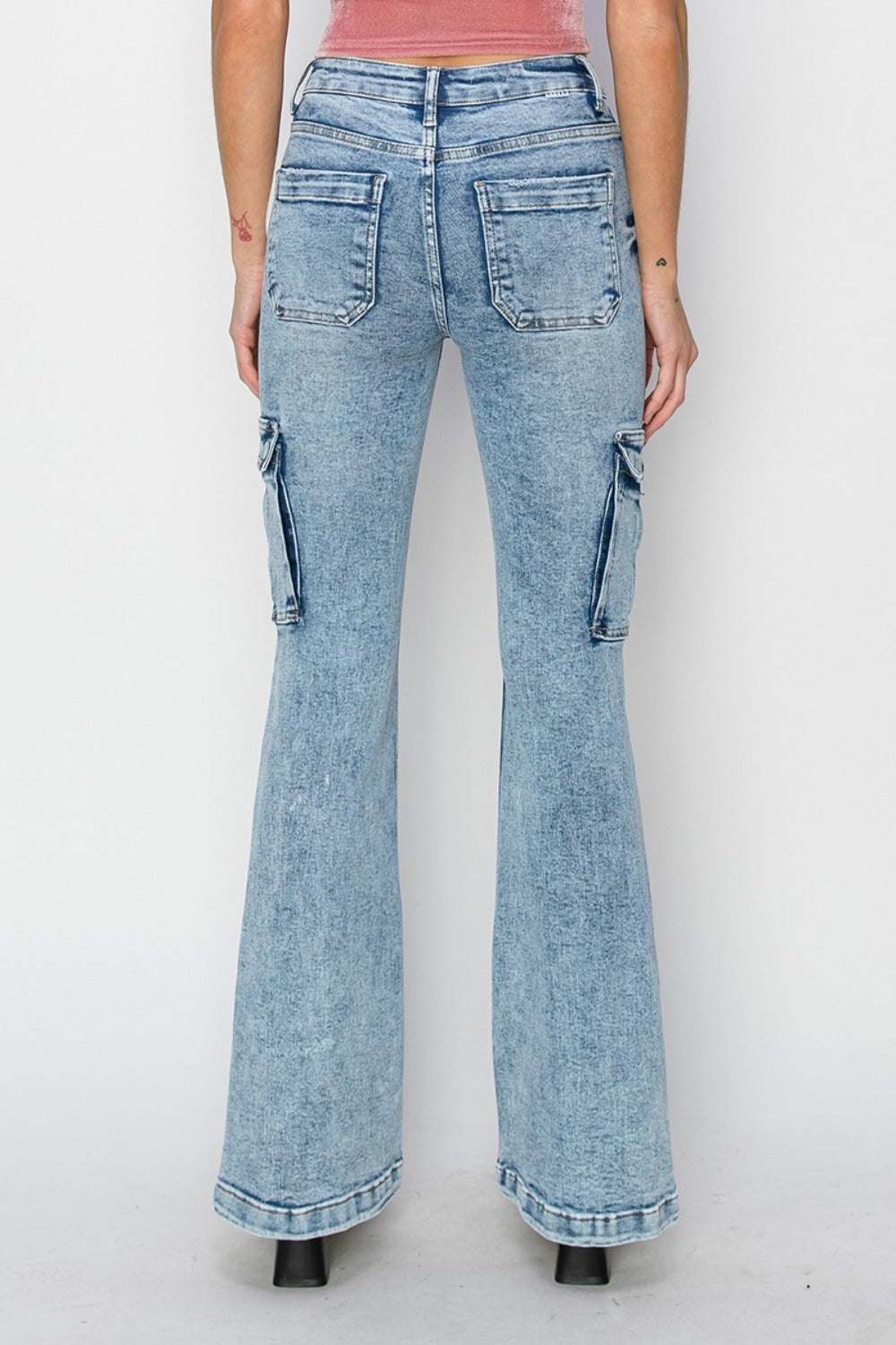 RISEN - Flare Acid Wash Cargo Jeans - Inspired Eye Boutique