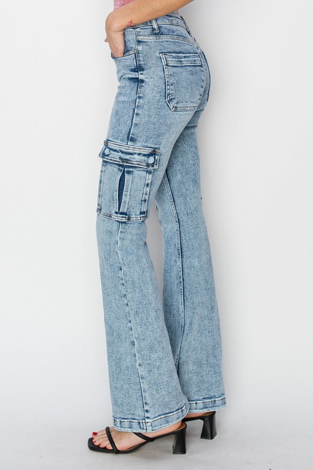 RISEN - Flare Acid Wash Cargo Jeans - Inspired Eye Boutique