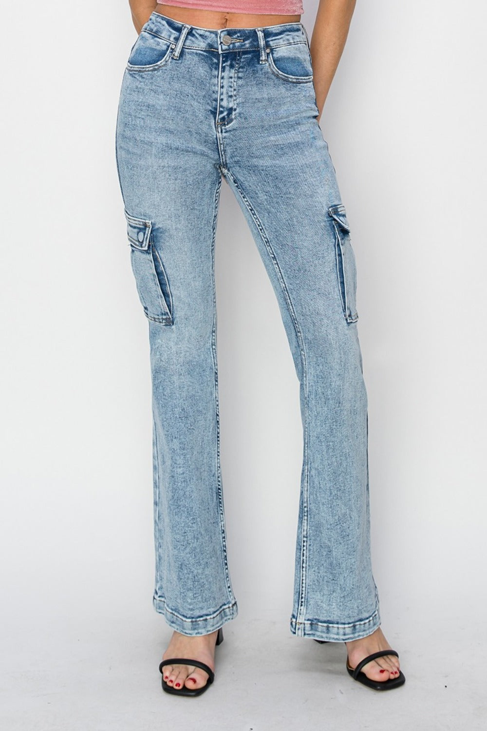 RISEN - Flare Acid Wash Cargo Jeans - Inspired Eye Boutique