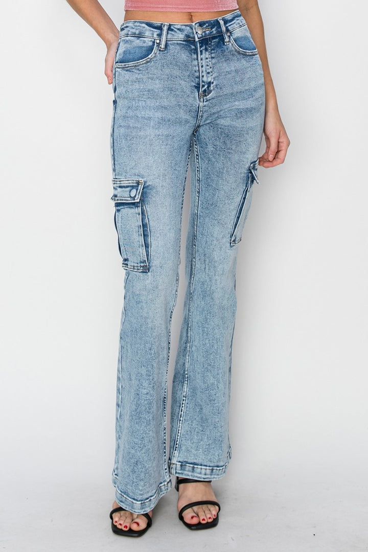 RISEN - Flare Acid Wash Cargo Jeans - Inspired Eye Boutique