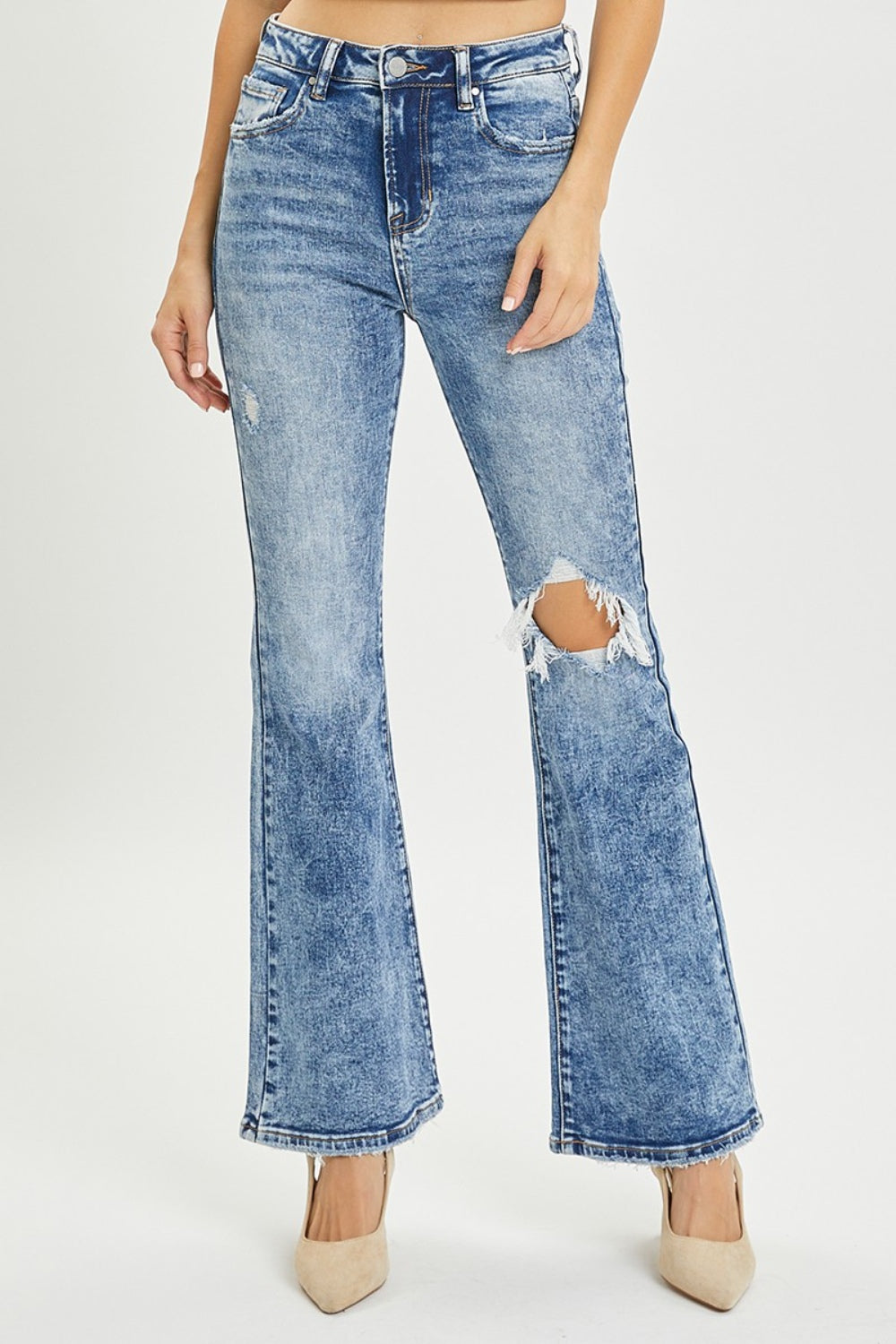 RISEN - High Rise Acid Wash Distressed Flare Jeans - Inspired Eye Boutique
