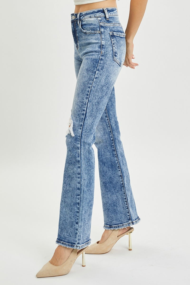 RISEN - High Rise Acid Wash Distressed Flare Jeans - Inspired Eye Boutique