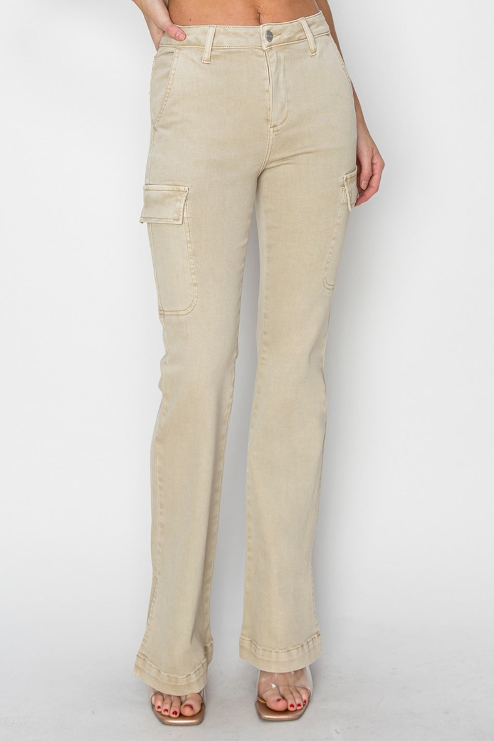 RISEN - High Rise Cargo Bootcut Jeans - Stone