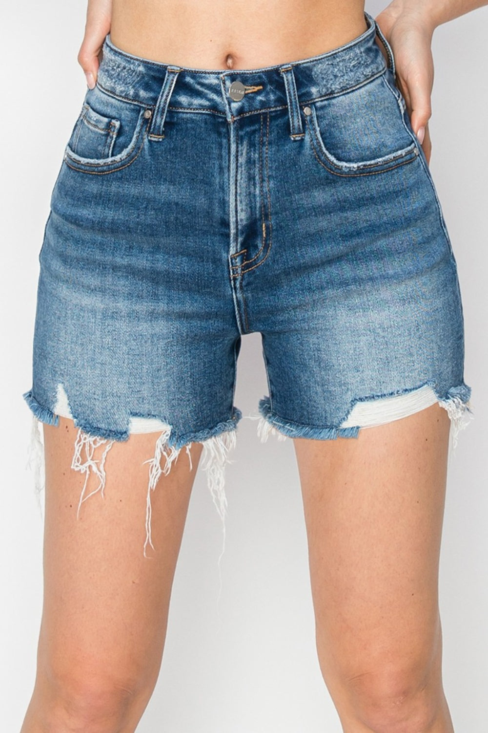 RISEN - High Rise Dark Wash Distressed Shorts - Inspired Eye Boutique