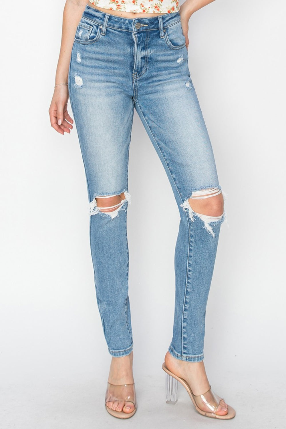 RISEN - High Rise Destroyed Skinny Jeans - Light Wash - Inspired Eye Boutique