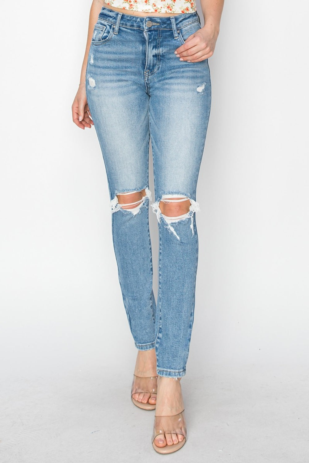 RISEN - High Rise Destroyed Skinny Jeans - Light Wash - Inspired Eye Boutique