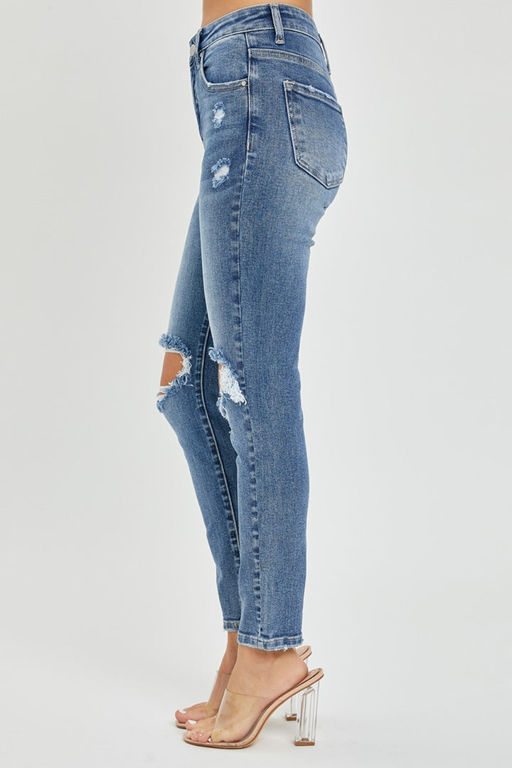 RISEN - High Rise Destroyed Skinny Jeans - Medium Wash - Inspired Eye Boutique