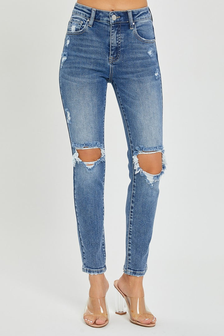 RISEN - High Rise Destroyed Skinny Jeans - Medium Wash - Inspired Eye Boutique