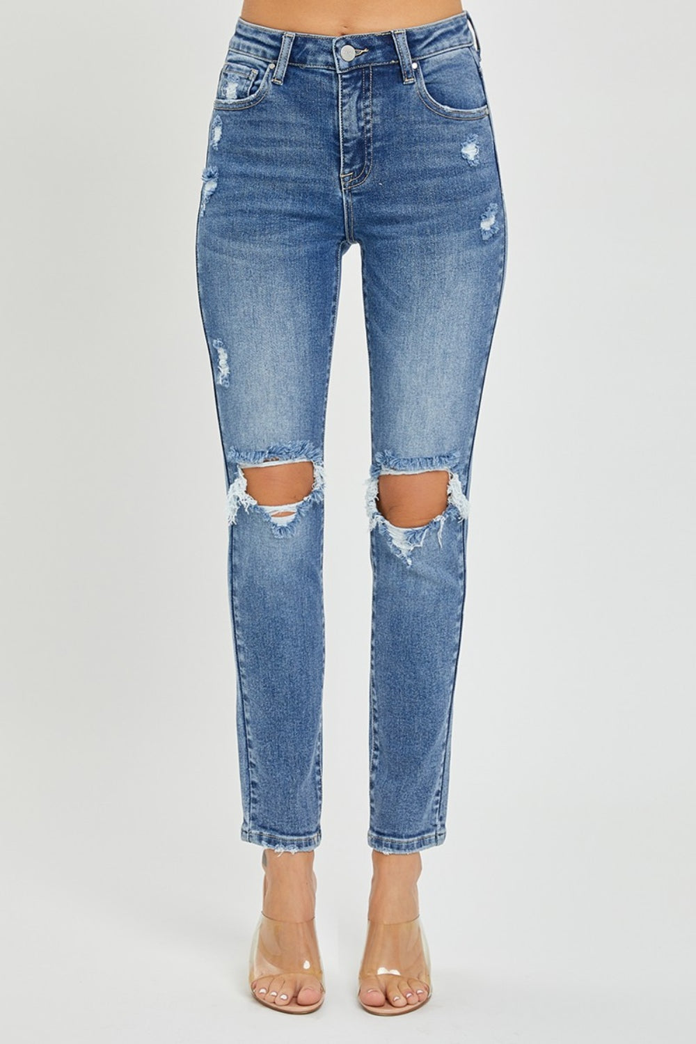 RISEN - High Rise Destroyed Skinny Jeans - Medium Wash - Inspired Eye Boutique