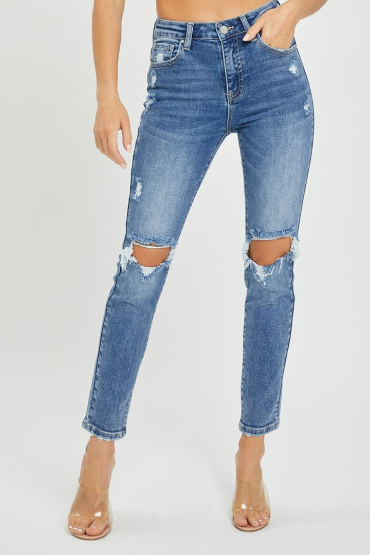 RISEN - High Rise Destroyed Skinny Jeans - Medium Wash - Inspired Eye Boutique