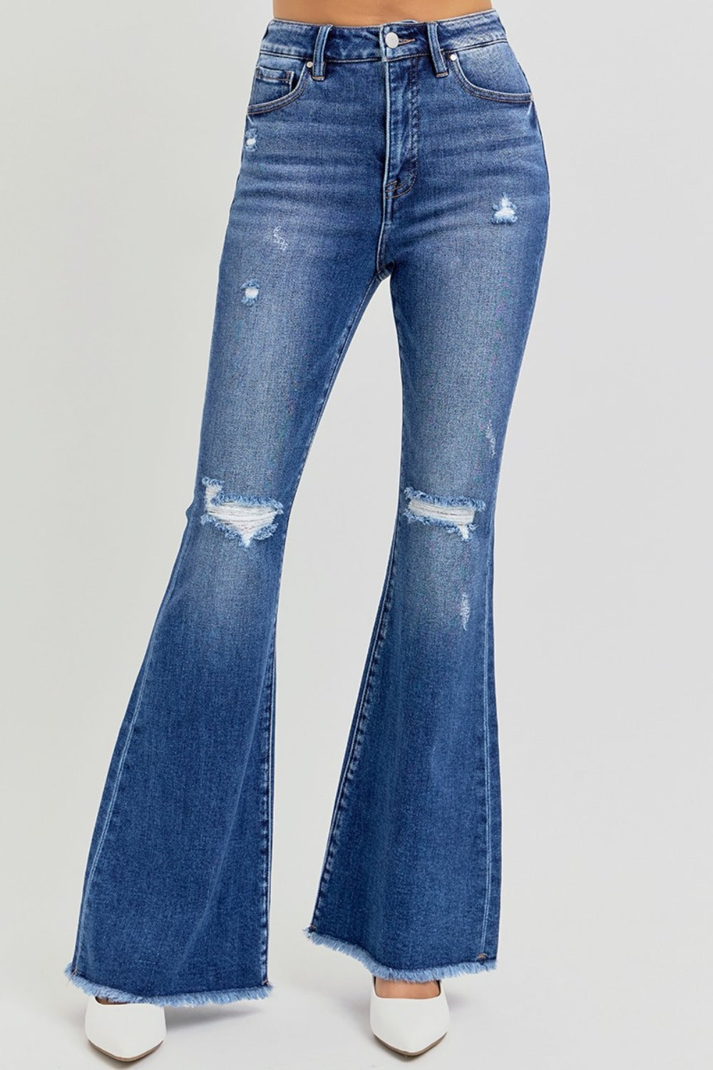 RISEN - High Rise Distressed Frayed Hem Flare Jeans - Inspired Eye Boutique