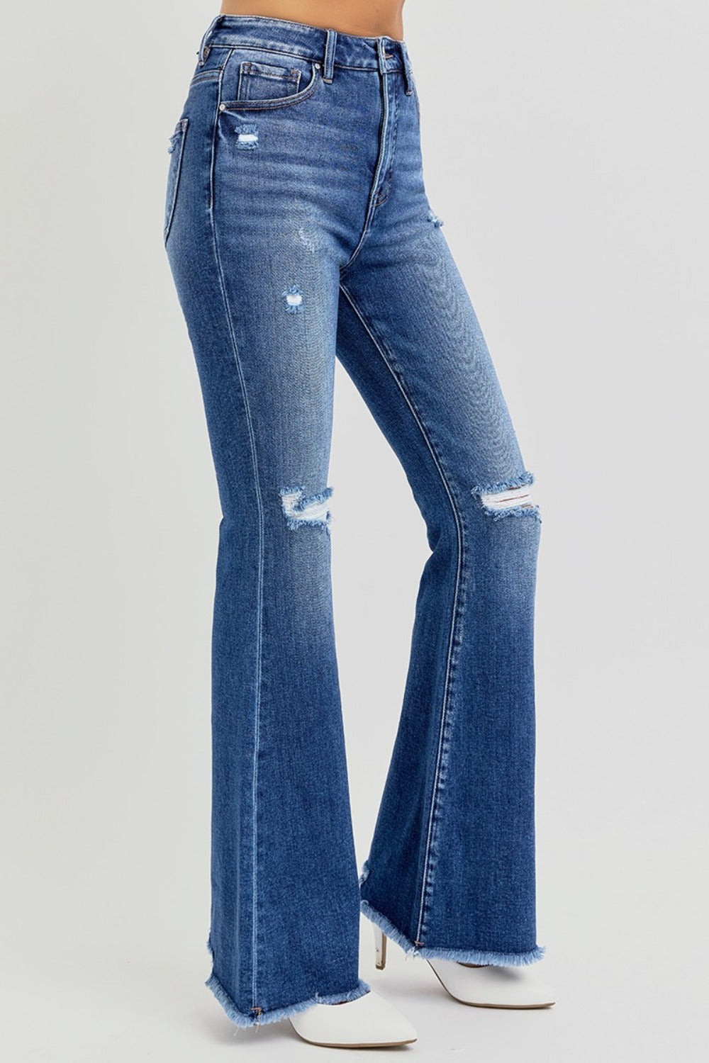 RISEN - High Rise Distressed Frayed Hem Flare Jeans - Inspired Eye Boutique