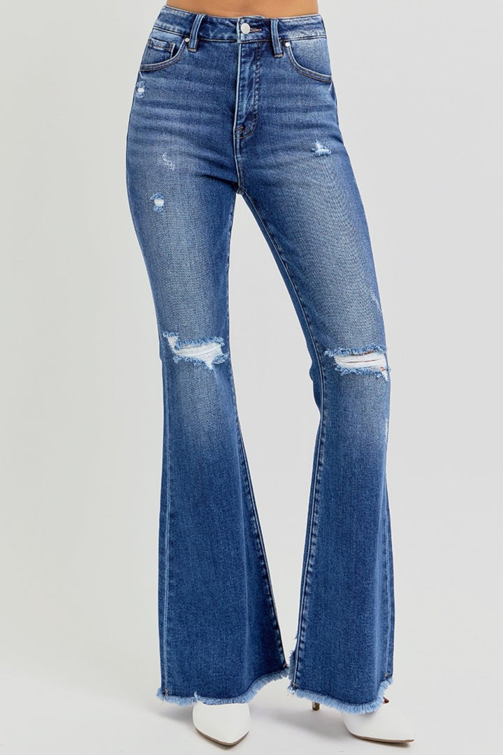 RISEN - High Rise Distressed Frayed Hem Flare Jeans - Inspired Eye Boutique