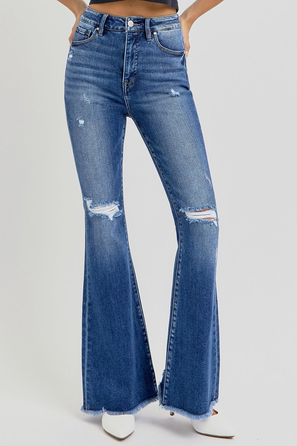 RISEN - High Rise Distressed Frayed Hem Flare Jeans - Inspired Eye Boutique