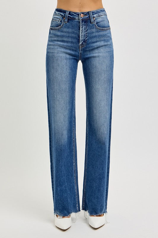 RISEN - High Rise Raw Hem Wide Leg Jeans - Inspired Eye Boutique