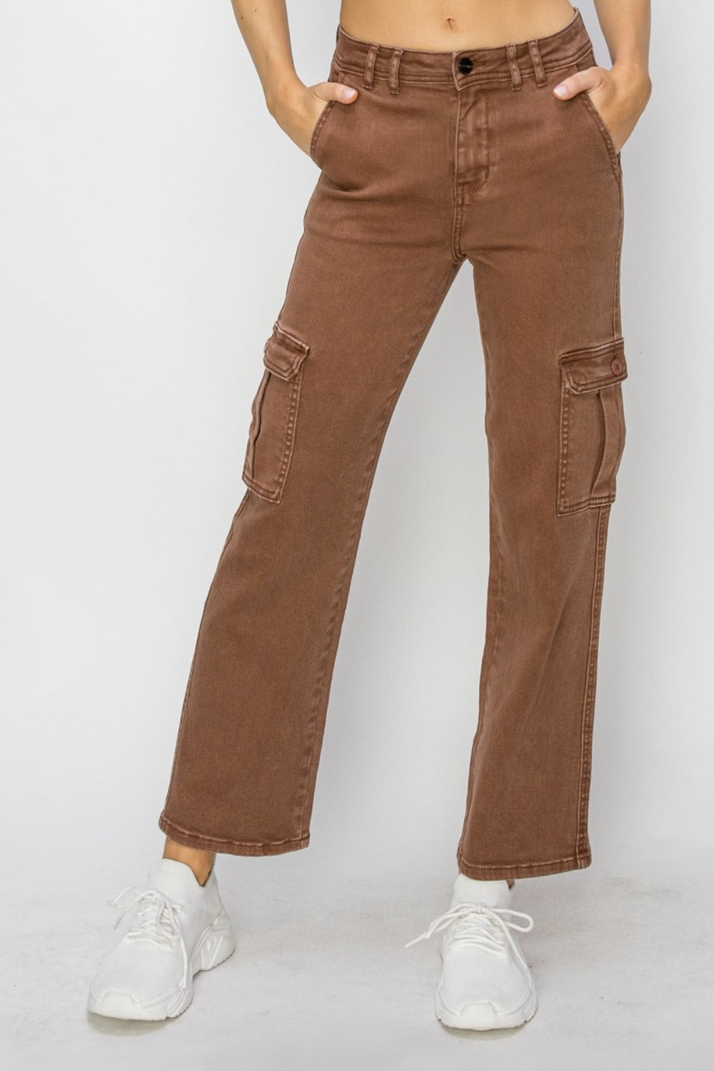 RISEN - High Rise Straight Leg Cargo Jeans - Espresso - Inspired Eye Boutique