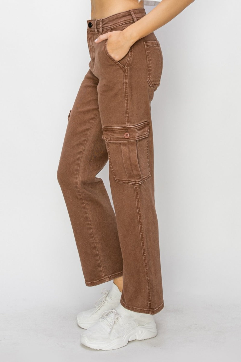 RISEN - High Rise Straight Leg Cargo Jeans - Espresso - Inspired Eye Boutique