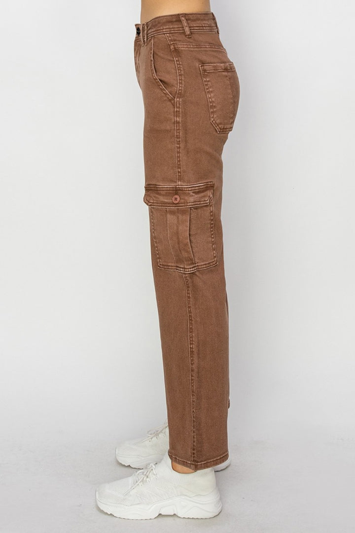 RISEN - High Rise Straight Leg Cargo Jeans - Espresso - Inspired Eye Boutique