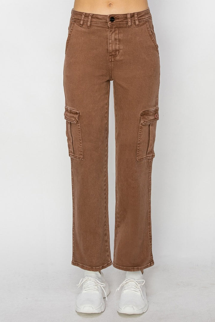 RISEN - High Rise Straight Leg Cargo Jeans - Espresso - Inspired Eye Boutique