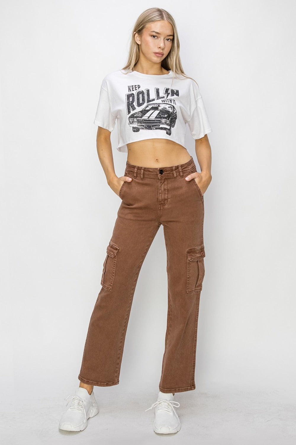 RISEN - High Rise Straight Leg Cargo Jeans - Espresso - Inspired Eye Boutique