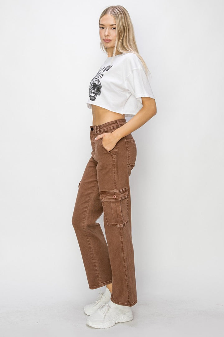 RISEN - High Rise Straight Leg Cargo Jeans - Espresso - Inspired Eye Boutique