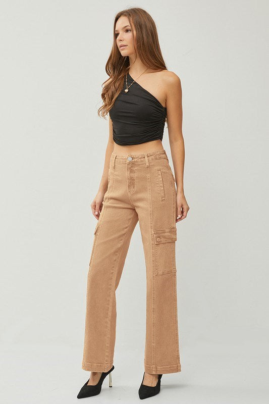 RISEN - High Rise Wide Leg Cargo Jeans - Cocoa - Inspired Eye Boutique