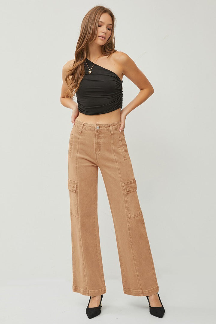 RISEN - High Rise Wide Leg Cargo Jeans - Cocoa - Inspired Eye Boutique