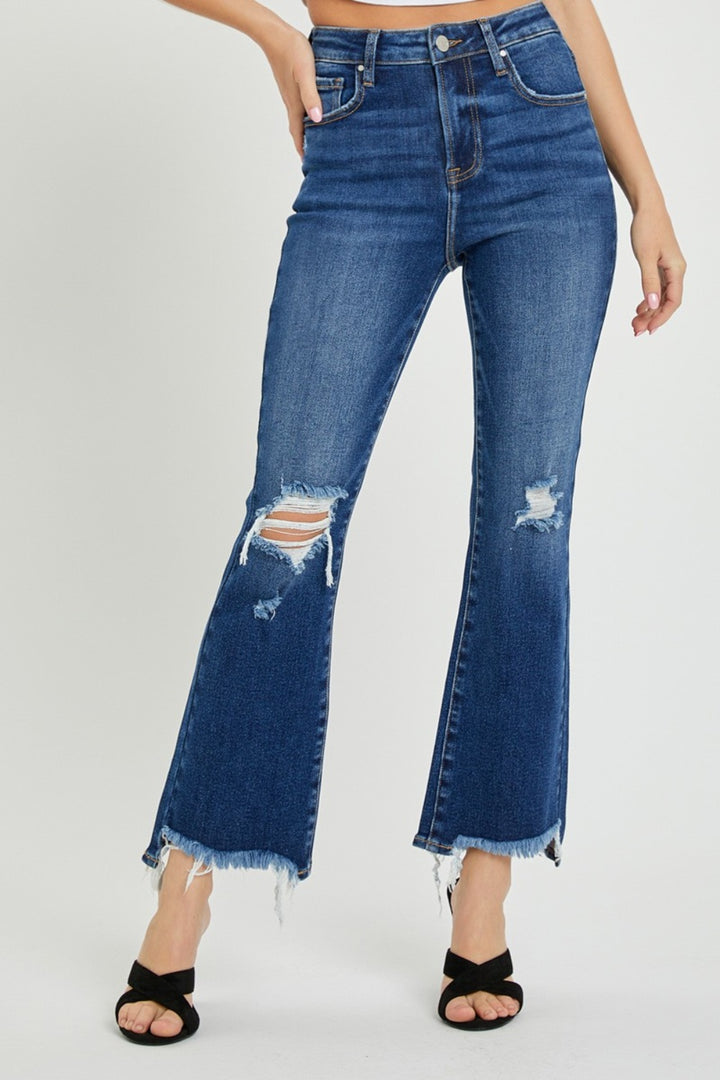 RISEN - High Waist Destroyed Flare Jeans - Dark Wash - Inspired Eye Boutique