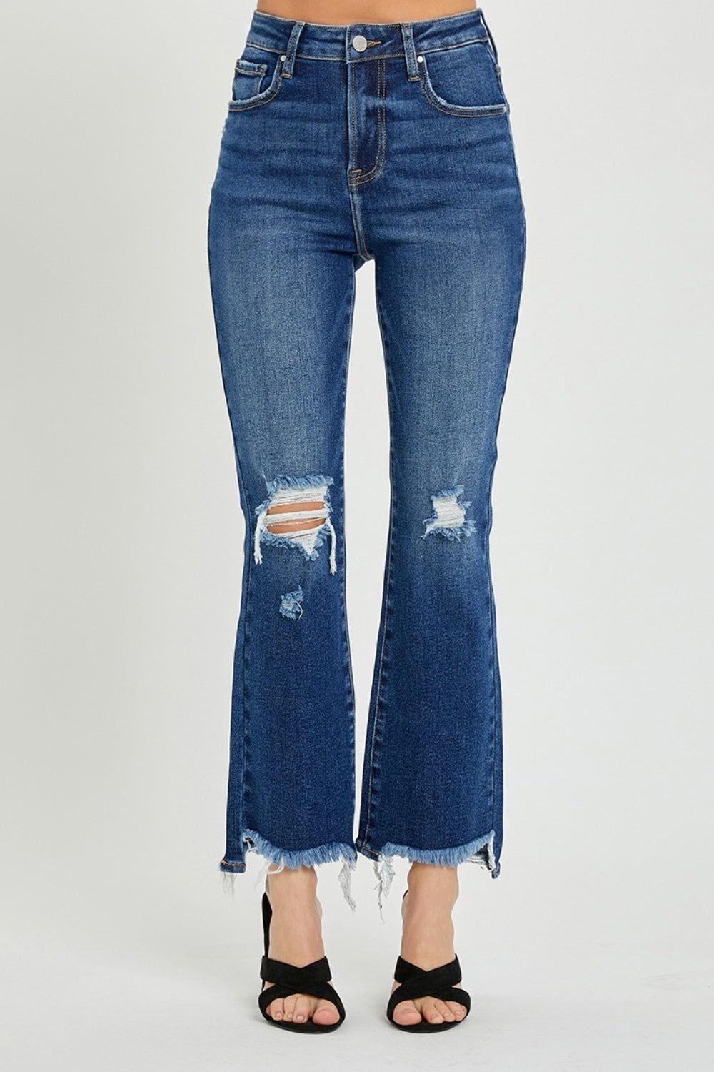 RISEN - High Waist Destroyed Flare Jeans - Dark Wash - Inspired Eye Boutique