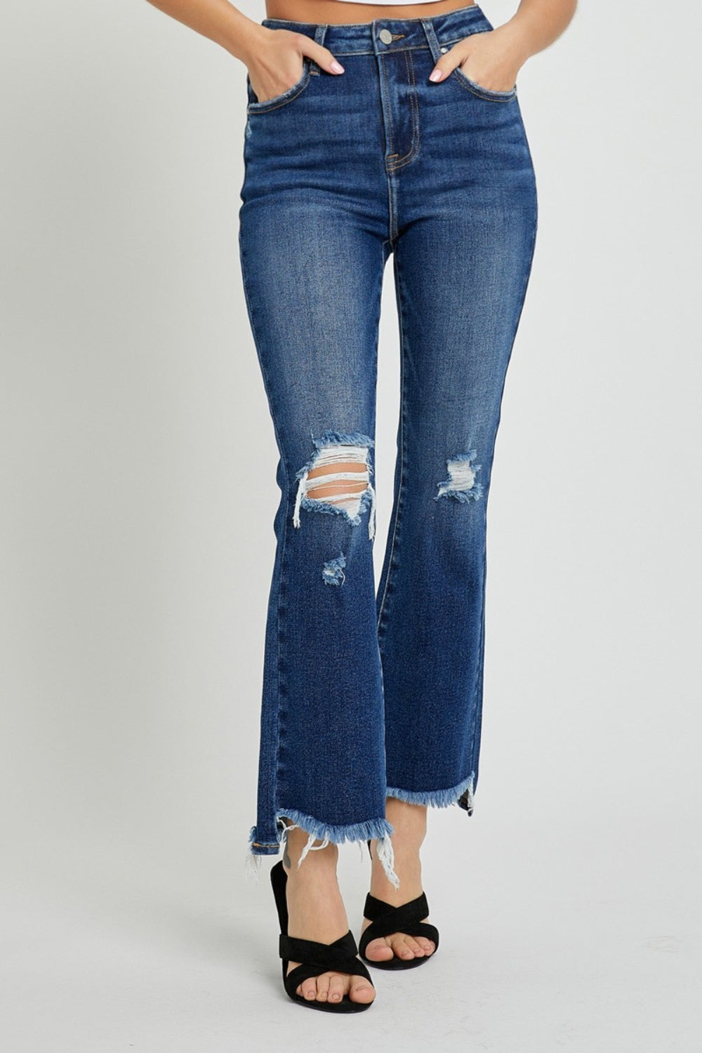 RISEN - High Waist Destroyed Flare Jeans - Dark Wash - Inspired Eye Boutique