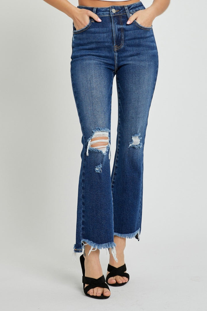 RISEN - High Waist Destroyed Flare Jeans - Dark Wash - Inspired Eye Boutique