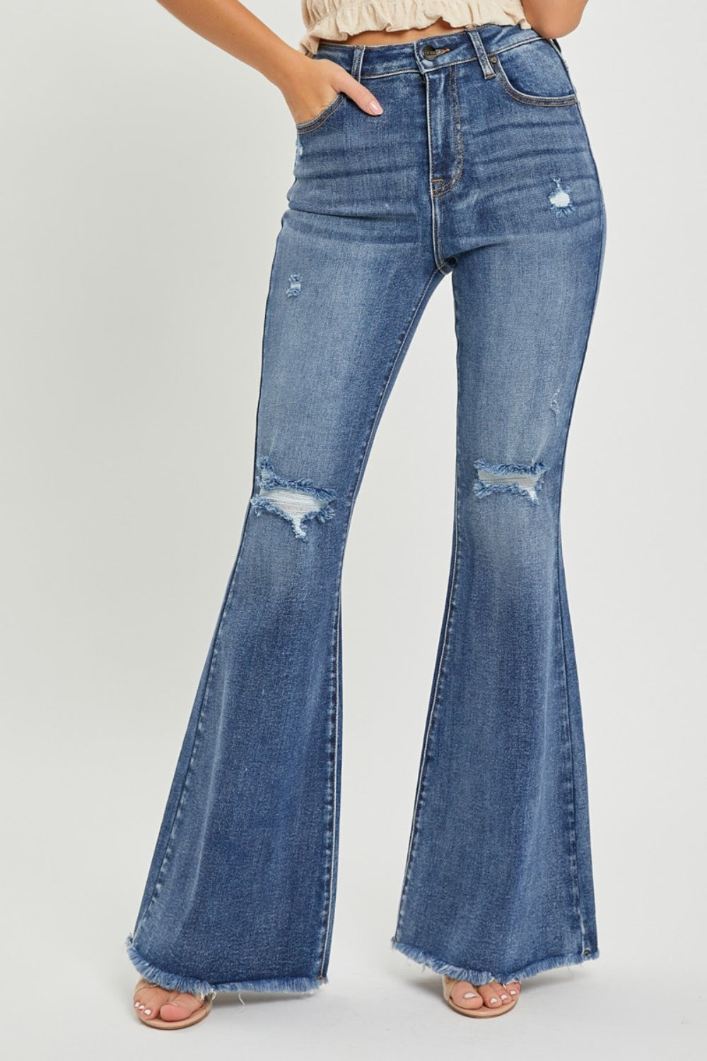 RISEN - High Waist Distressed Knee Flare Jeans - Inspired Eye Boutique