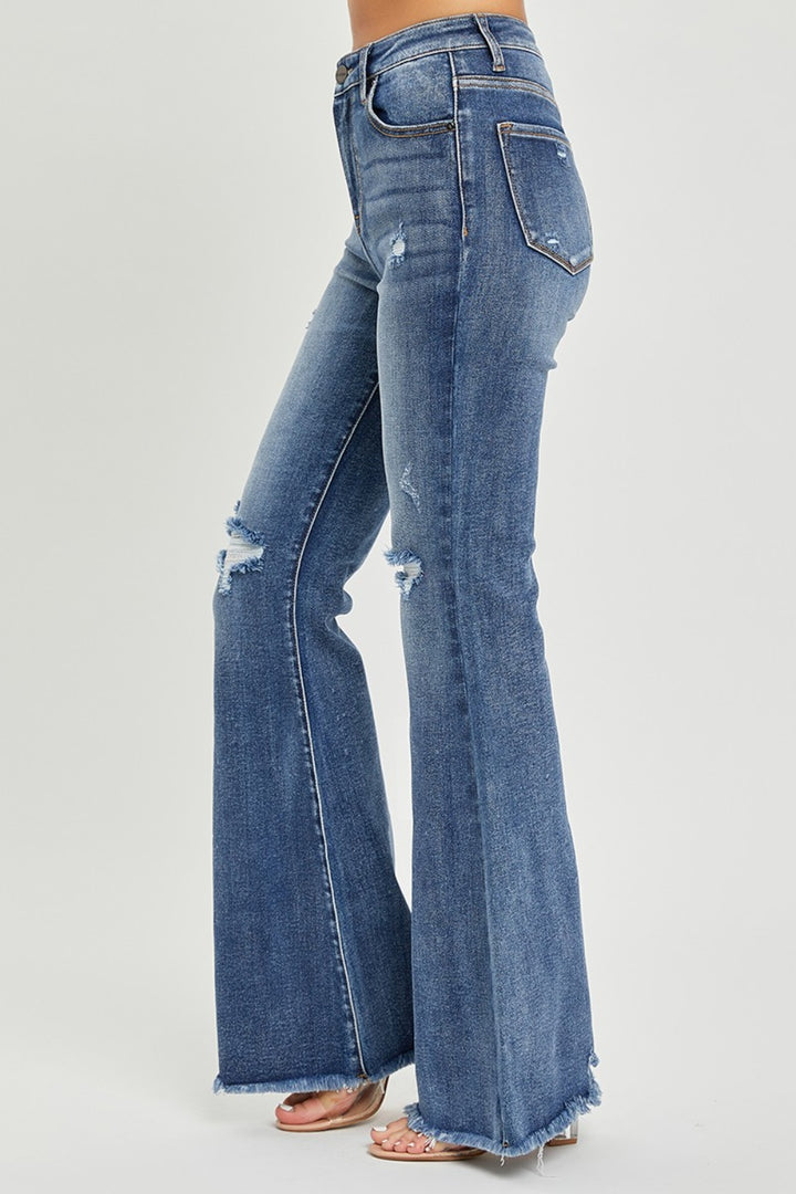 RISEN - High Waist Distressed Knee Flare Jeans - Inspired Eye Boutique