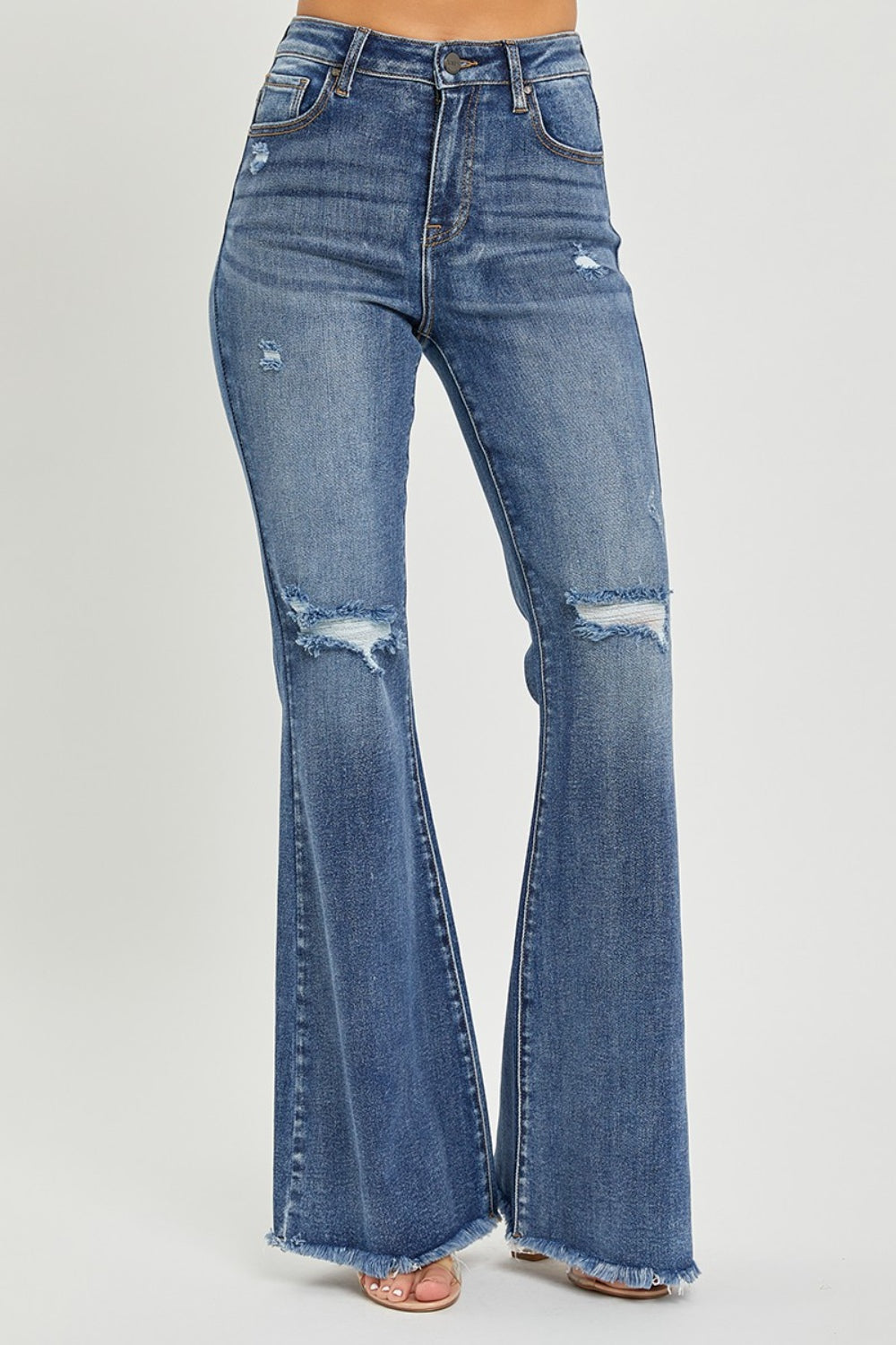 RISEN - High Waist Distressed Knee Flare Jeans - Inspired Eye Boutique