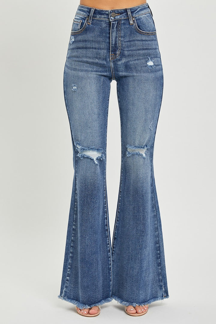 RISEN - High Waist Distressed Knee Flare Jeans - Inspired Eye Boutique