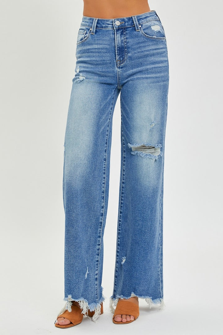 RISEN - High Waist Frayed Hem Wide Leg Jeans - Inspired Eye Boutique