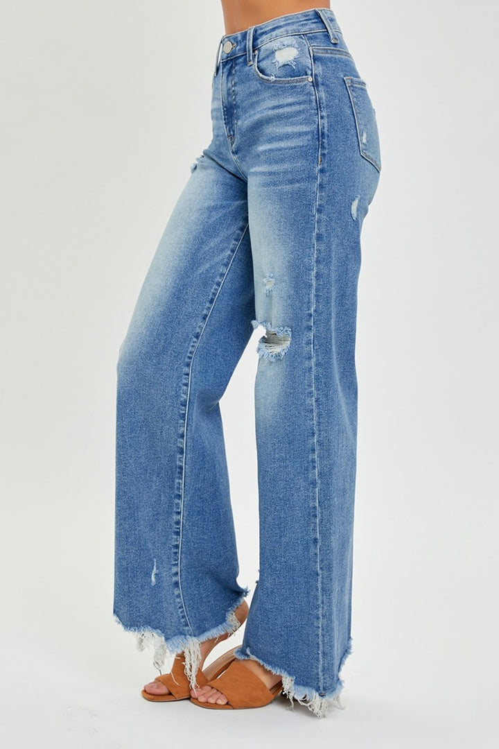 RISEN - High Waist Frayed Hem Wide Leg Jeans - Inspired Eye Boutique