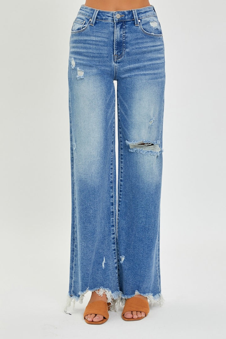 RISEN - High Waist Frayed Hem Wide Leg Jeans - Inspired Eye Boutique